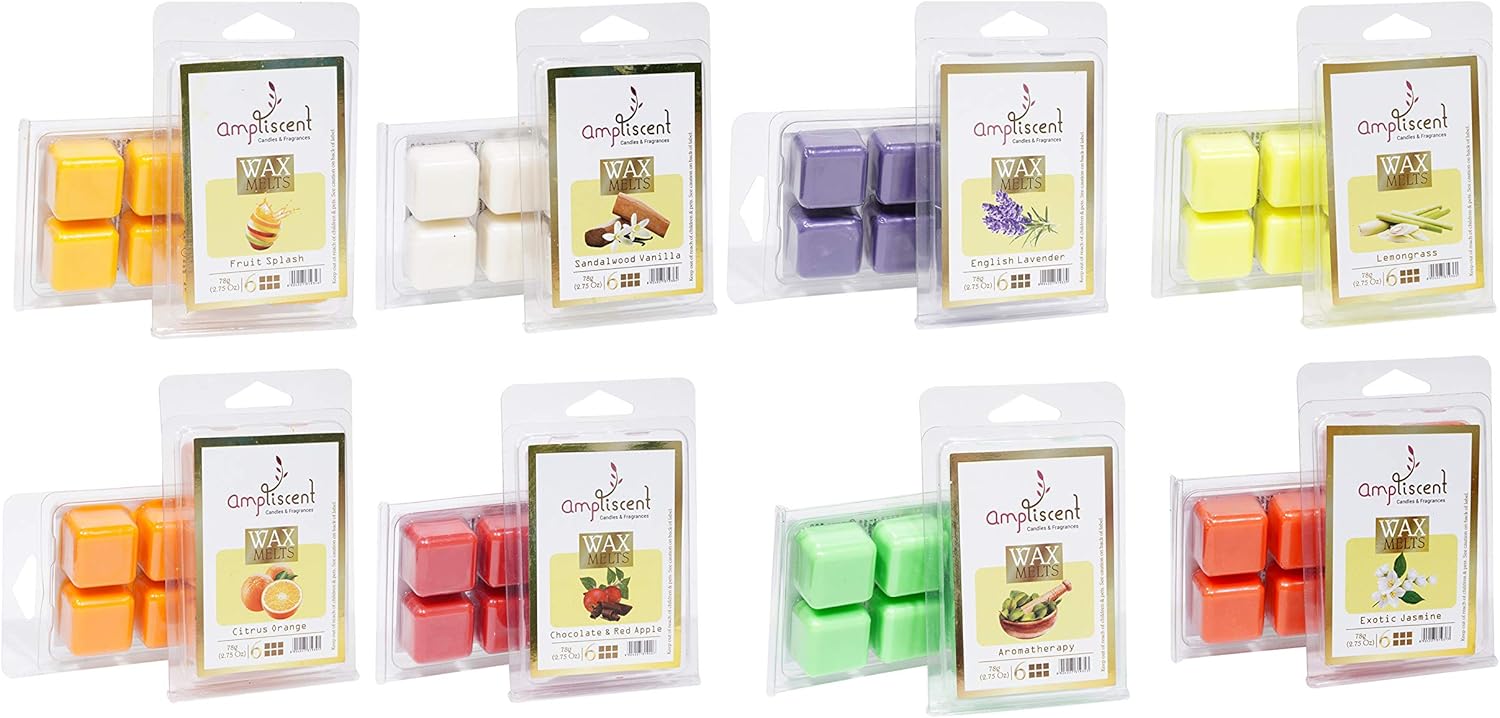 Ampliscent Scented Wax Melts -Set of 8 (2.5 oz) Assorted Wax Warmer Cubes/Tarts - Aromatherapy, Jasmine, Lemongrass, Lavender, Orange, Fruit Splash, Sandalwood Vanilla and Chocolate, Red Apple