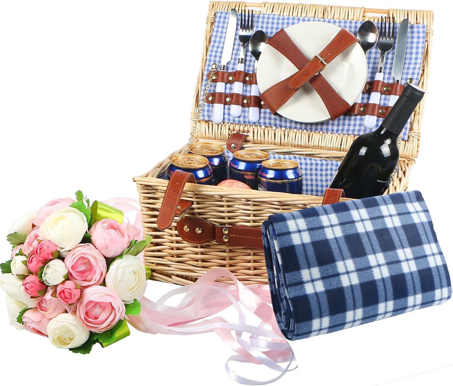 Woworld 2 Person Traditional Wicker Picnic Basket Hamper with Cutlery,Plates,Wine Glasses,Free Waterproof Picnic Blanket Blue/White Liner 2