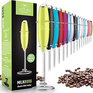 Zulay Original Milk Frother Handheld Foam Maker for Lattes - Whisk Drink Mixer for Bulletproof® Coffee, Mini Foamer for Cappuccino, Frappe, Matcha, Hot Chocolate by Milk Boss (Sunshine)