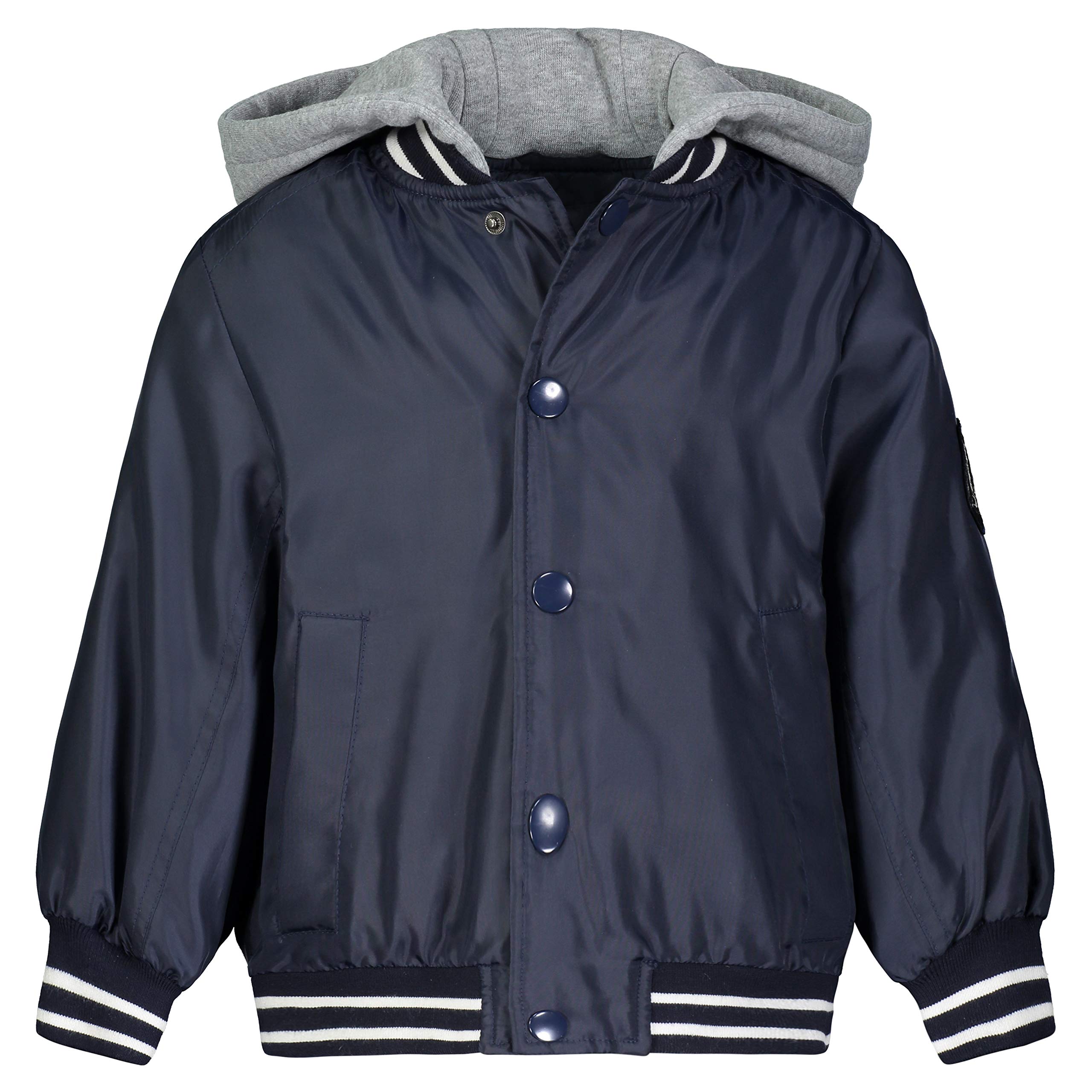LONDON FOG Boys' Big Quilted Bomber Jacket with Hood, Navy Varsity, 10/12