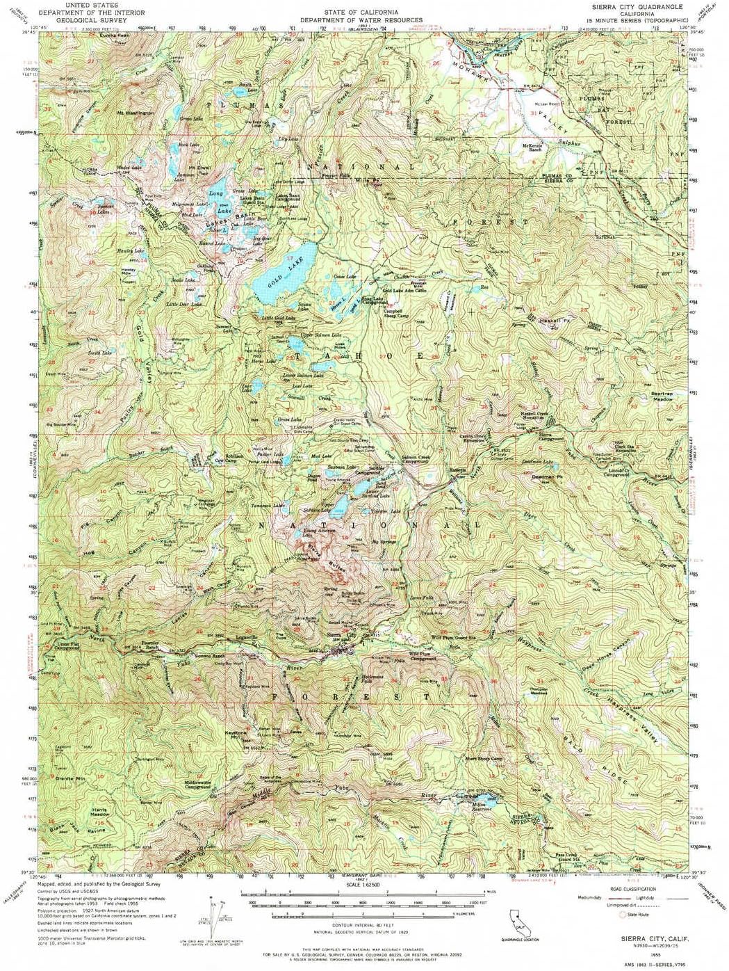 YellowMaps Sierra City CA topo map, 1:62500 Scale, 15 X 15 Minute, Historical, 1955, Updated 1977, 21.7 x 16.7 in