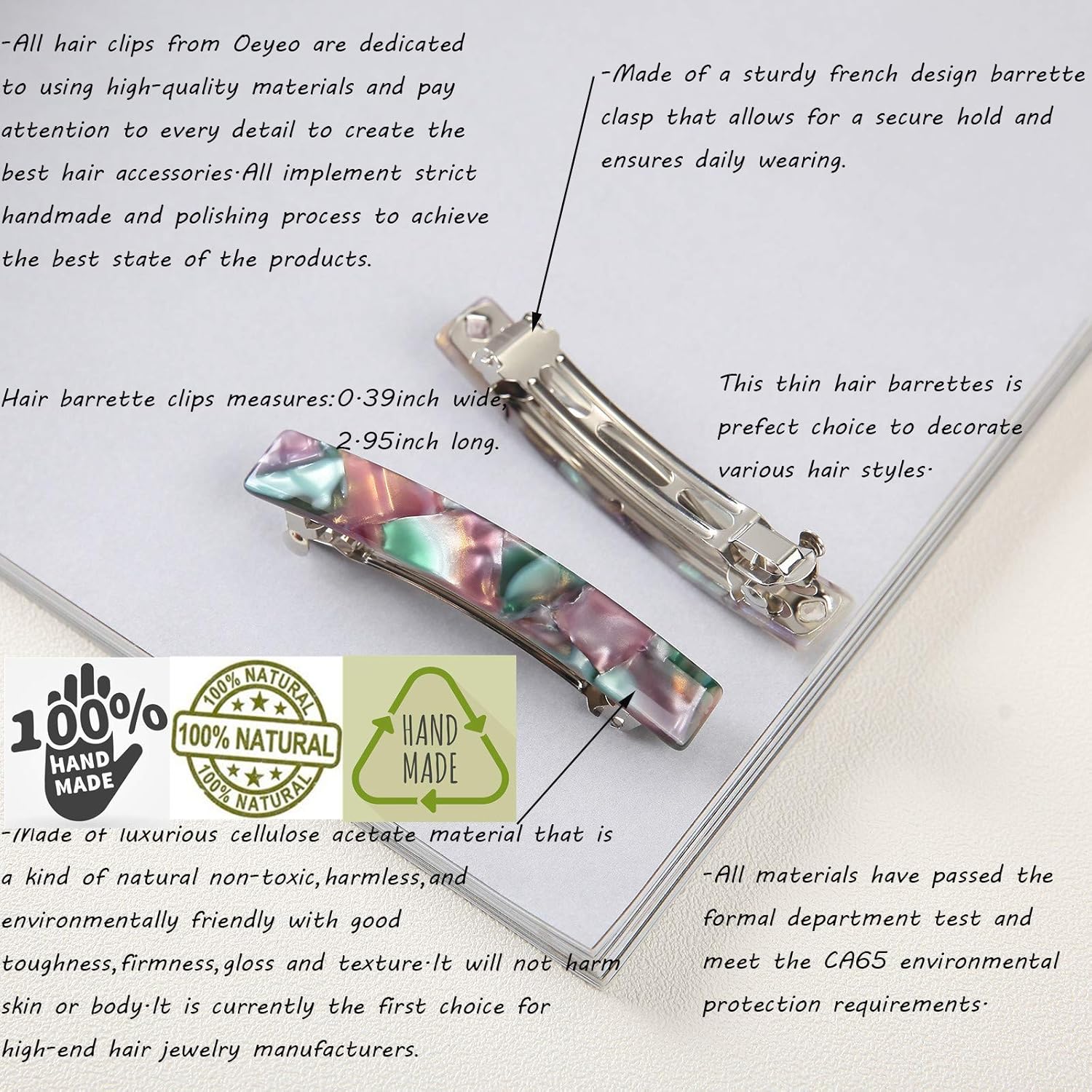 2 Pack Cellulose Acetate French Style Hair Barrettes Medium Automatic Tortoise Shell Rectangle Hair Clip for Women : Beauty