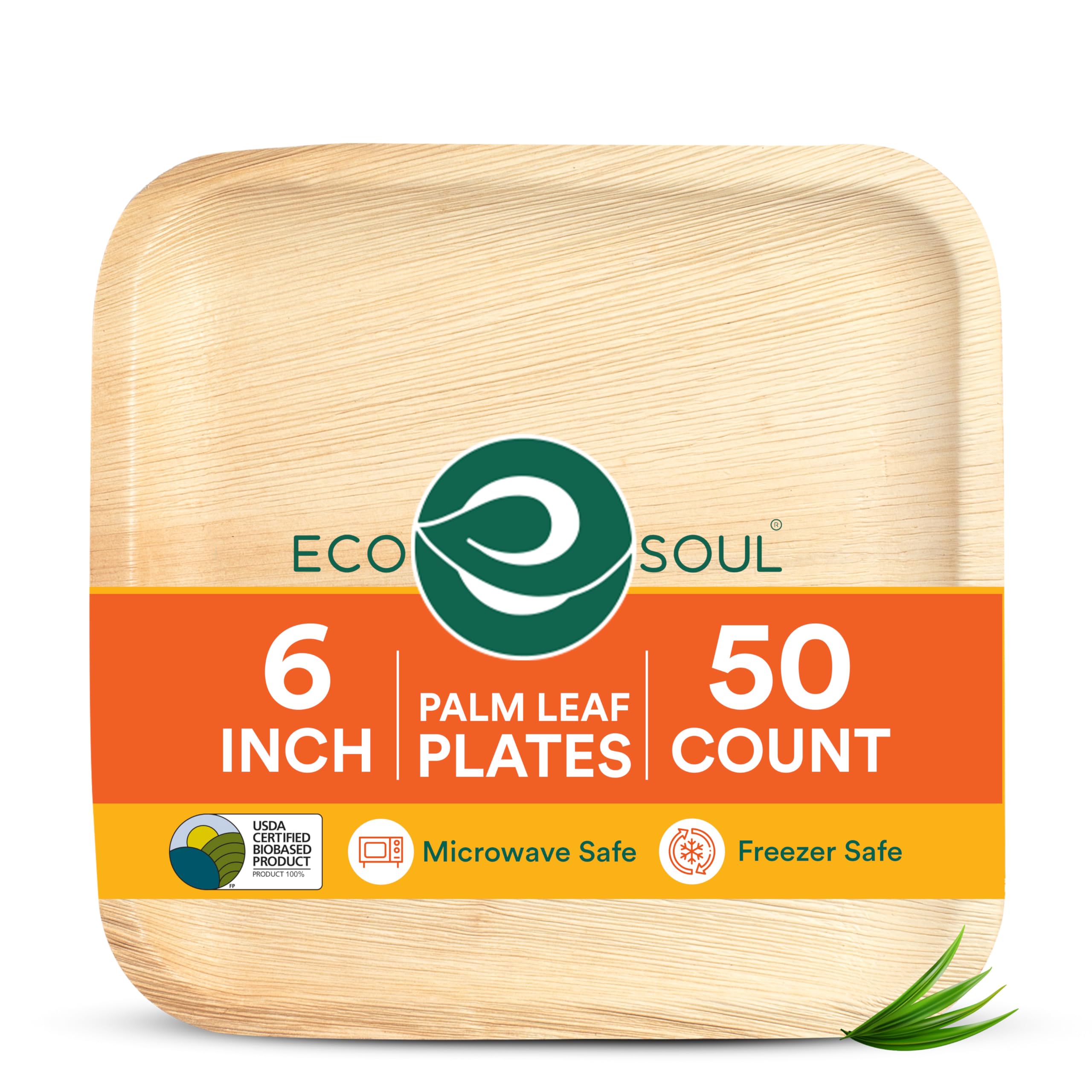 ECO SOUL Palm Leaf Plates 6”(15cm) Square (50 Count) Small Bamboo Plate |Eco Friendly, Biodegradable, Compostable Heavy-Duty Plate, Disposable Plates for Dinner, Party & Events