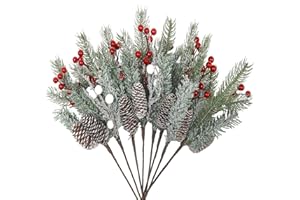 Topotdor Christmas Berries Pine Picks Branches,Snow Covered Pine Needle Stems with Red Berries Pine Cones Artificial Holly Picks for DIY Crafts Xmas Tree Holiday Party Home Decor