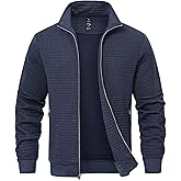 Satankud Men's Jacquard Waffle PlaidCloth Bright Metal Zipper Lightweight Jacket