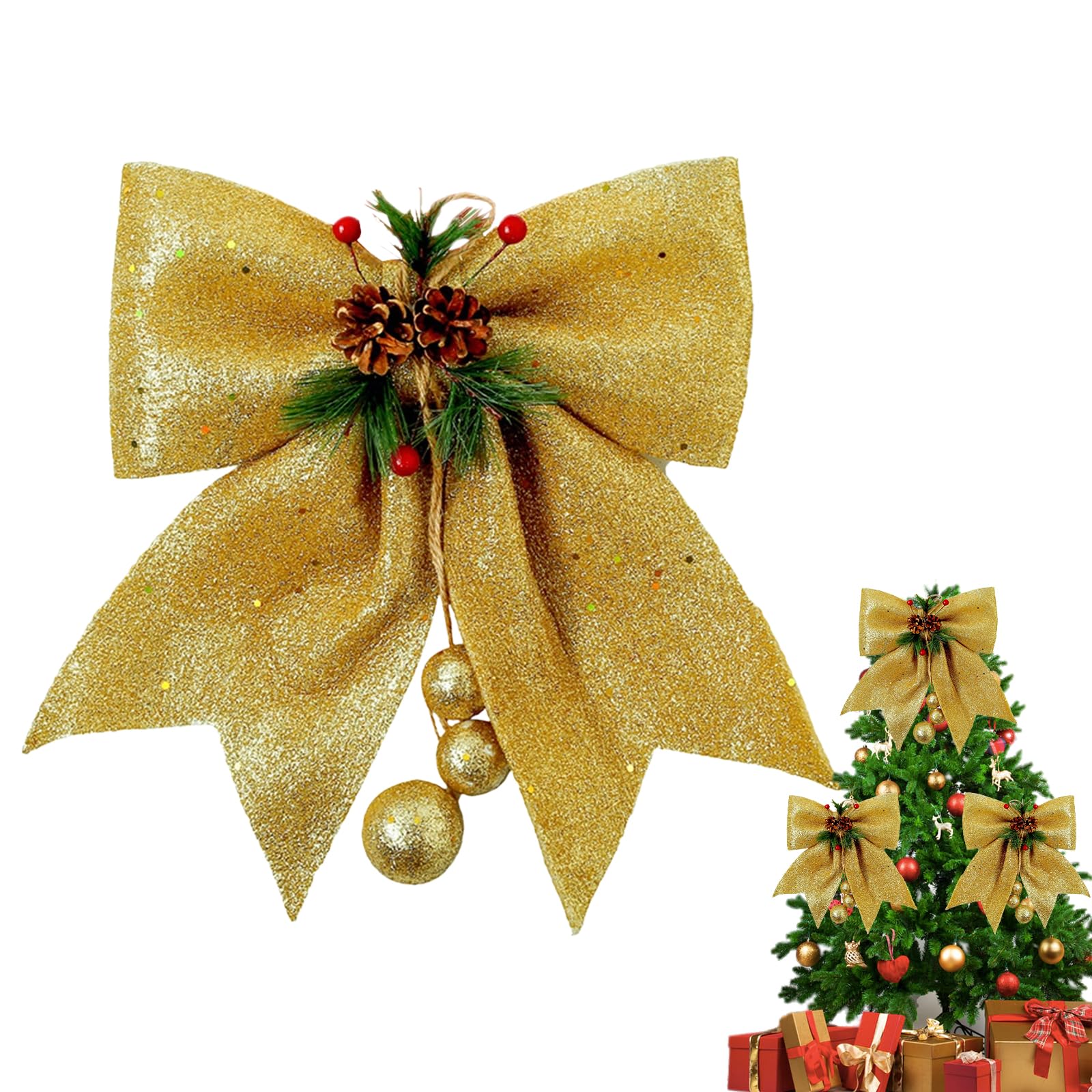 1Pcs Large Glitter Christmas Bow with Pine Cone 25x30cm Tree Topper Wreath Garland Decorations for Holiday Home Decor
