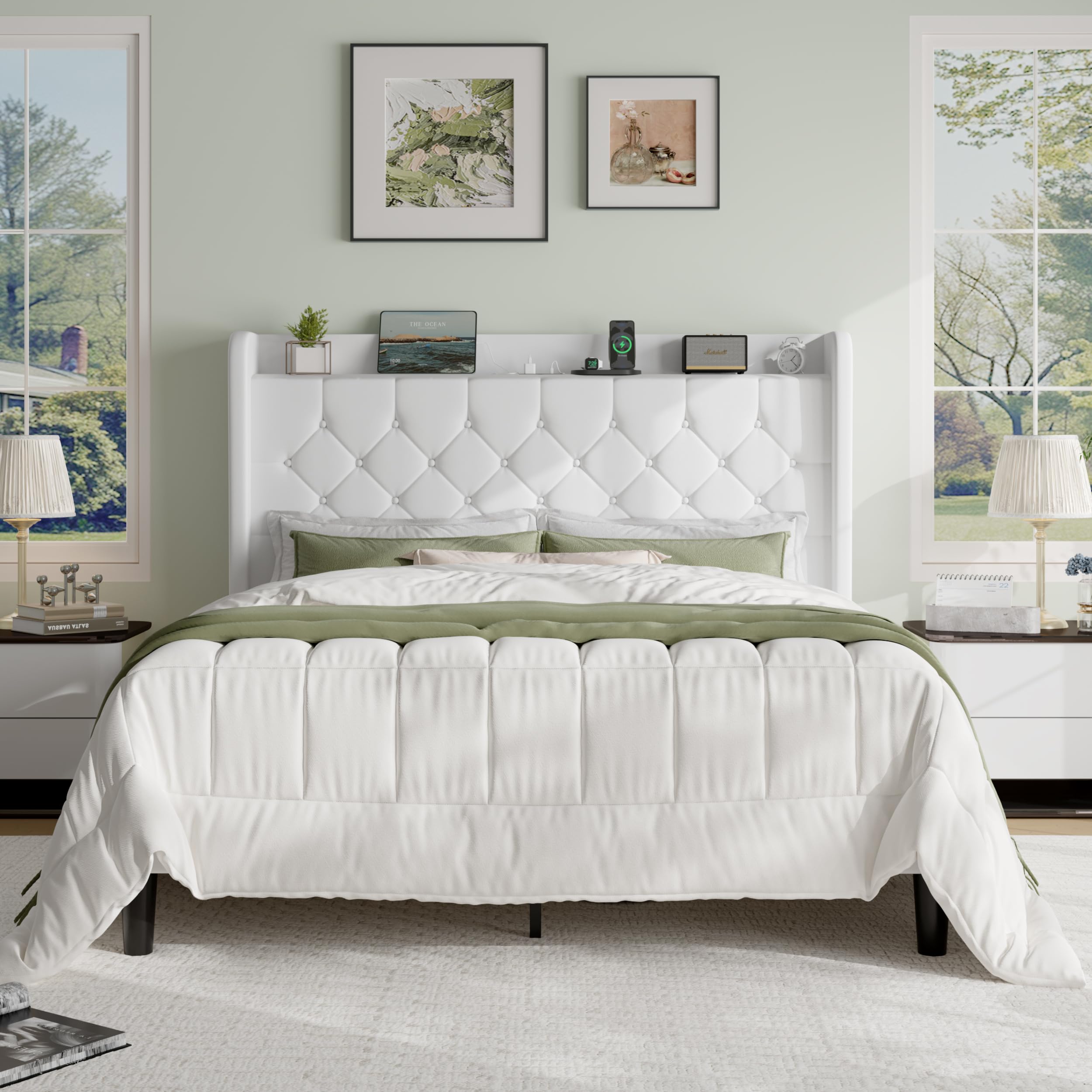 Photo 1 of ** DIRTY ** SHA CERLIN Full Size Platform Bed Frame with Charging Station, Velvet Wingback Headboard with Storage Shelf, Wooden Slats Support, Ample Under-Bed Space, No Box Spring Needed, Easy Assembly, White