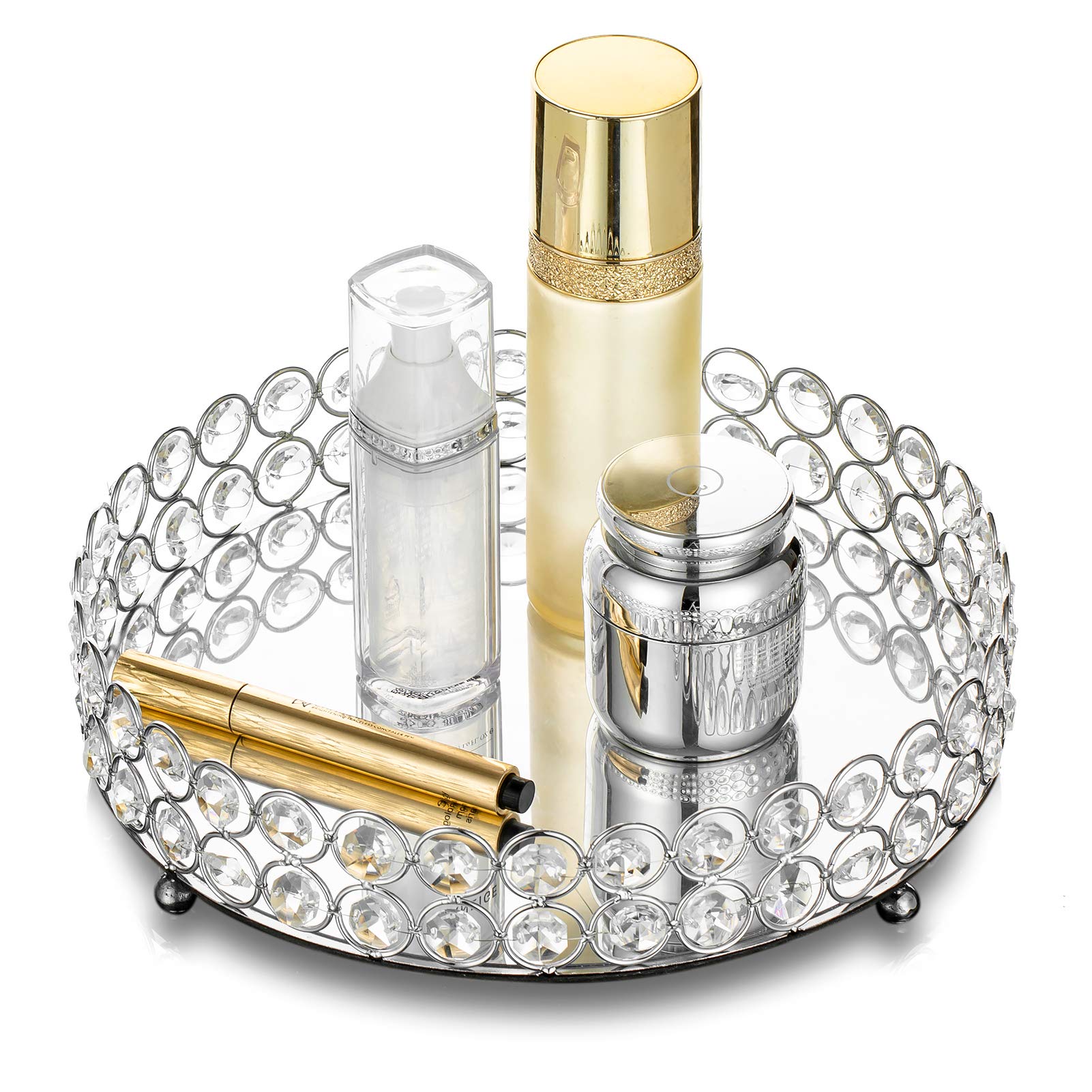 NUPTIO Vanity Decorative Tray Silver: 25cm Dia Makeup Holders for Dressing Table Trinket Tray Mirrored Tray Multifunctinal Dish for Perfume Jewelry Candle and Cosmetics