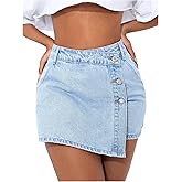 WDIRARA Women's Petite Button Front Wrap Asymmetrical Denim Skorts High Waisted Skirt Shorts