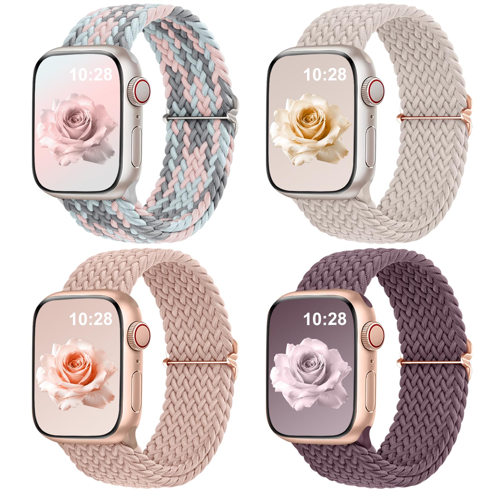 DaQin 4 Pack Braided Stretchy Solo Loop for Apple Watch Bands Women Men 40mm 41mm 42mm 44mm 45mm 46mm 49mm 38mm, Soft Nylon Elastic Sport Strap for iWatch Band Series 11 10 9 8 7 6 5 4 3 2 1 SE Ultra