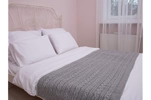 SAOL Knitwear Bed Scarf Runner Irish Chunky Cable Knit Throw Cover Made of Soft Wool Blend (Grey, Queen Bed)