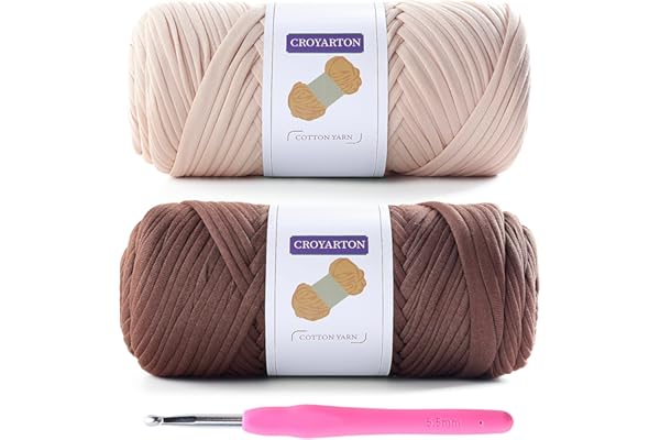 2 Pack T Shirt Yarn for Crocheting with 1 Crochet Hook, Elastic Tshirt Yarn for Crochet Bag/Baskets/Home Decor, Spaghetti Yarn Thick Knitting Yarn Total Length 130 Yds (Beige+Coffee Color)