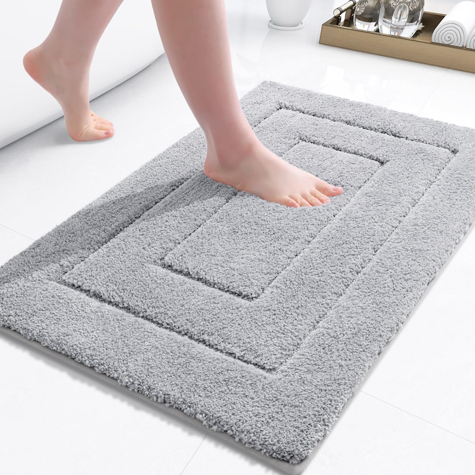 Photo 1 of Buganda Bathroom Rugs, 24" x 16", Soft and Absorbent Microfiber Bath Rugs, Non-Slip Shaggy Shower Carpet, Machine Wash Dry Bath Mats for Bathroom Floor, Tub and Shower, Grey