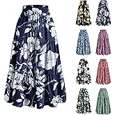 Floral Maxi Skirts for Women Trendy Print High Waisted A Line Skirt Drawstring Pleated Vacation Beach Flowy Skirts