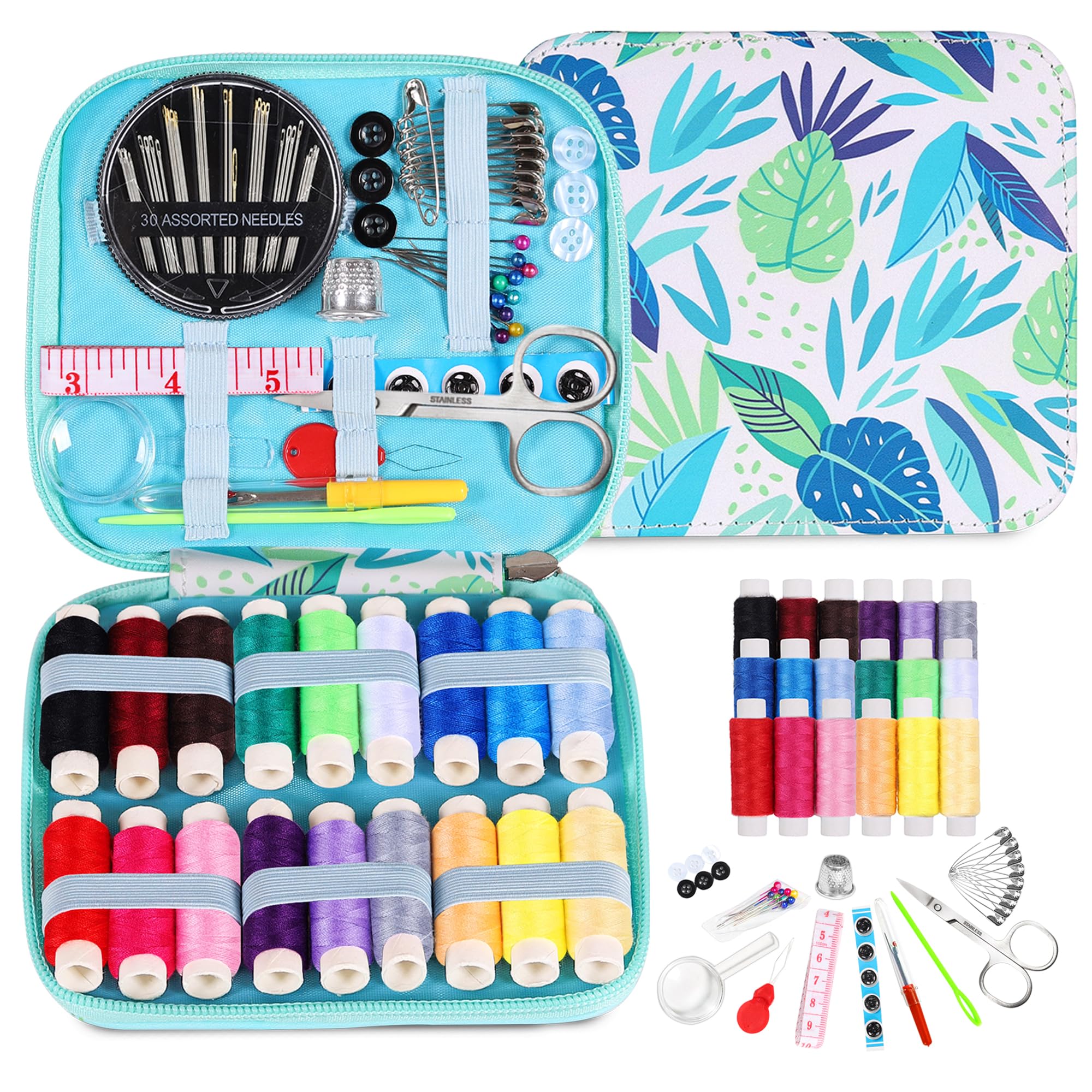 Sewing Kit for Adults Needle and Thread Kit for Sewing with Leaf Zipper Case 18 Color Threads Portable Basic Hand Sewing Repair Kits for Beginners Traveler Emergency DIY Quick Fix