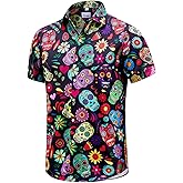 EUOW Halloween Button Down Shirts for Men Fun Skeleton Printed Casual Short Sleeve Hawaiian Tropical Novelty Shirt