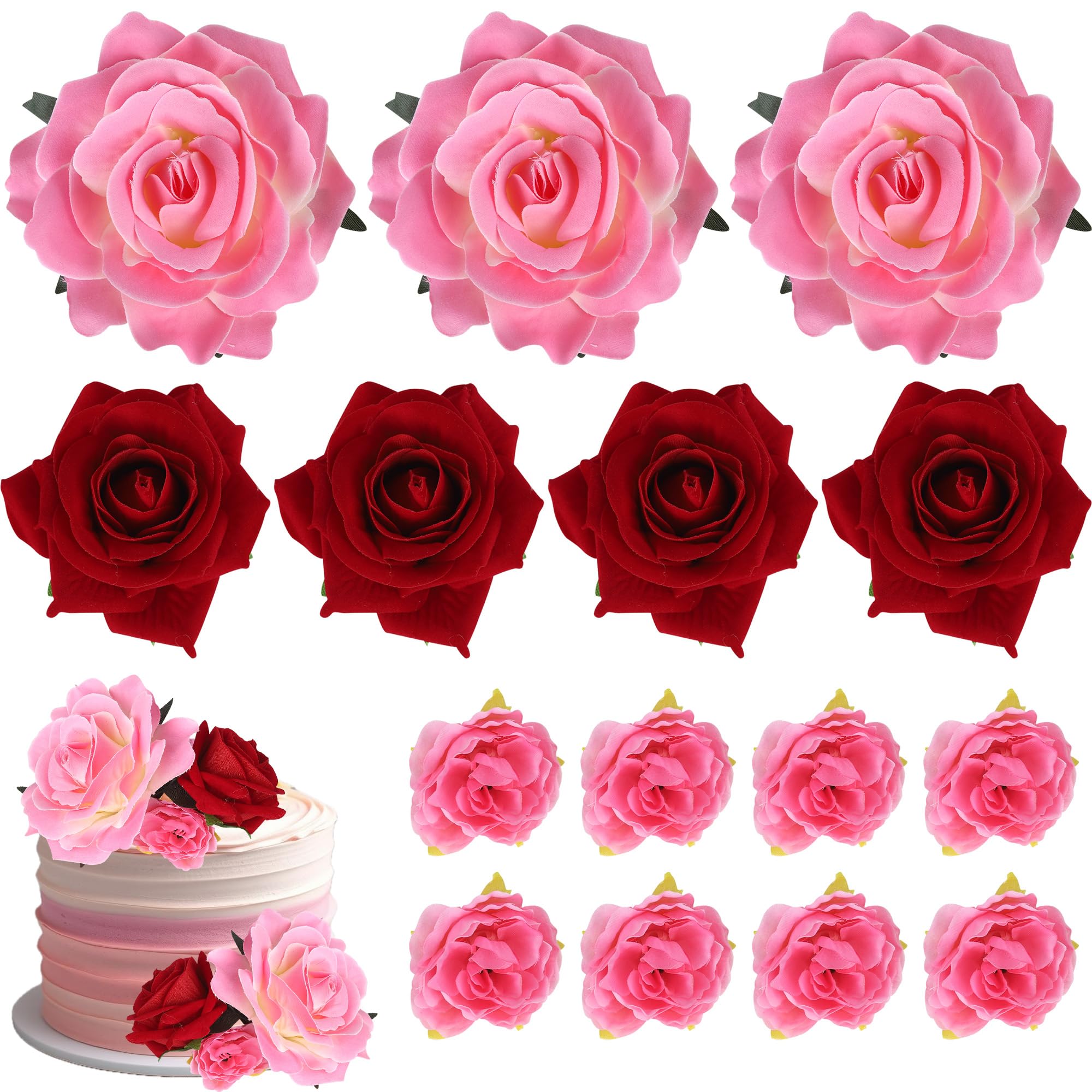 SYKYCTCY 10 Pack Flower Cake Decorations Rose Artificial Flowers Cake Toppers Artificial Pink Red Rose Flowers Cake Picks for Baby Shower DIY Wedding Birthday Valentine's Day Party Supplies — image 1