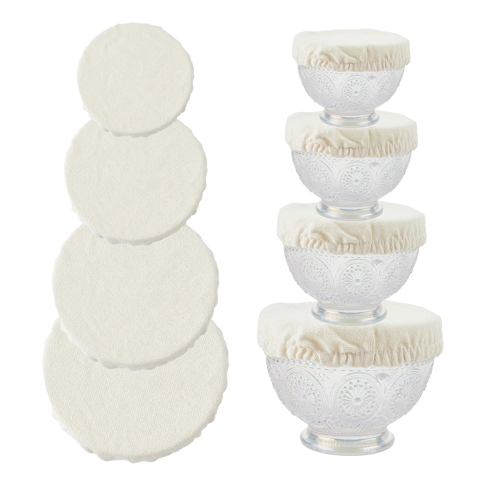 NICENEEDED 4 Pcs Linen Fabric Bowl Covers, Reusable Cloth Bowl Covers, Storage Covers Stretch Elastic Dish Covers Protectors Elasticated Bowl Caps for Fruits