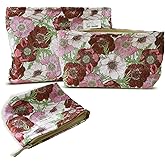 HAPPYHEIDI Makeup Bag Set 3 Cosmetic Toiletry Organizer Zipper Pouch for Purse Tote, Women Girls Gift, Large Medium Small, Red Floral Jacquard Polyester