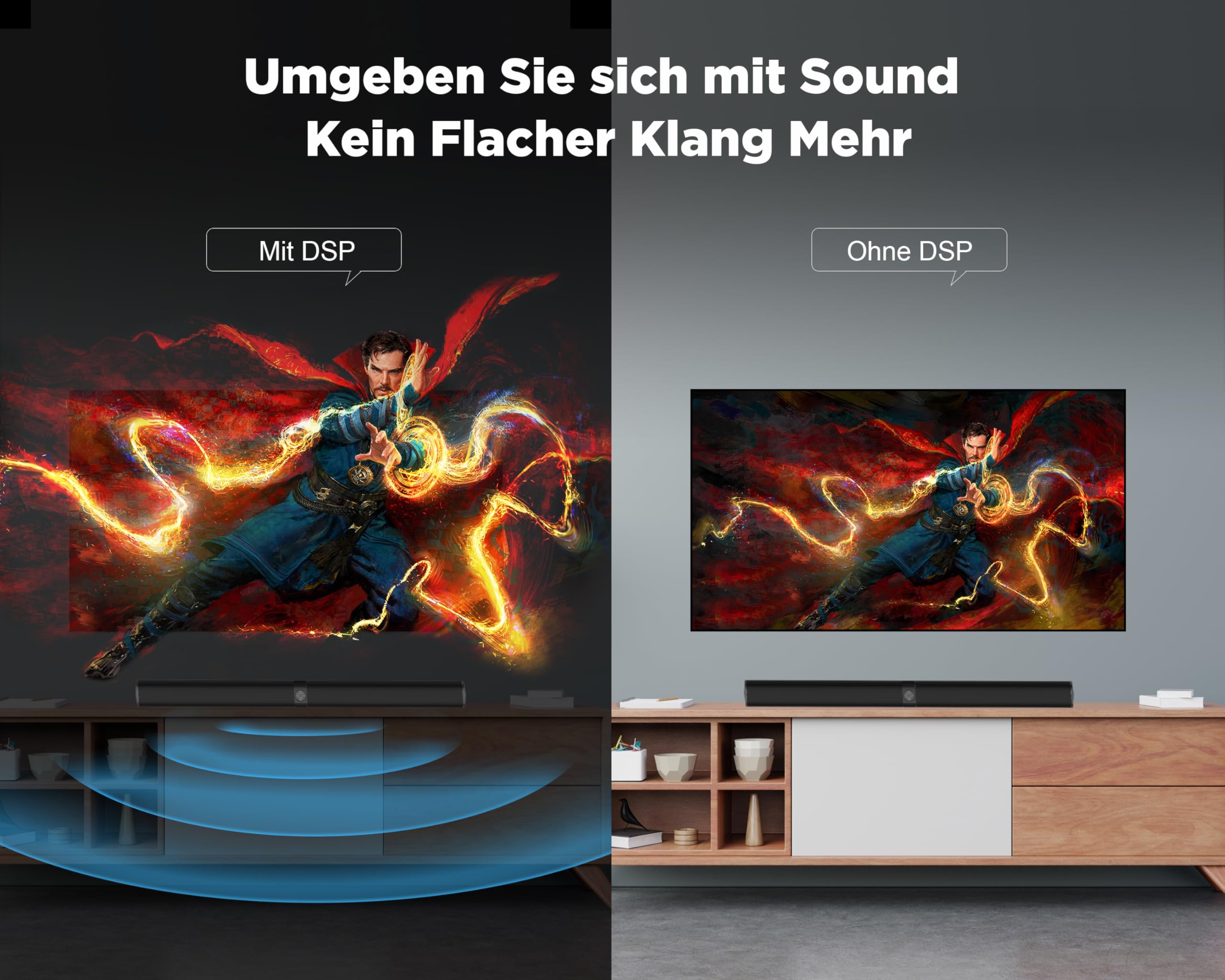 GarageRock Soundbar für TV Geräte, Teilbare 2-in-1 Set of TV Soundbar, Auto-Volume-Boost, 3 Sound Modi, Surround Soundsystem, Bluetooth 5.3, ARC/Opt/Aux, TV Lautsprecher für Fernseher, Monitor, 1pcs 5