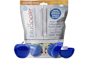 Bluapple Produce Saver Combo Pack - Keeps Fruits & Veggies Fresh in Refrigerator Crisper/Shelves, Lasts up to 3 Months, 8 Packets and 2 Bluapples for 1 Year, BPA Free Ethylene Gas Absorber, USA Made