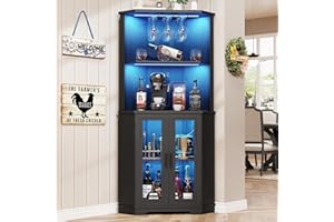 BROTTAR Corner Wine Bar Cabinet with LED Lights, 65" Tall Liquor Coffee Bar Cabinet with Glasses Holder & Tempered Glass Door, Alcohol Storage Hutch with Human Body Sensor for Dining Room, Black