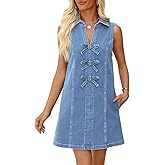POTILI Denim Dress for Women Sleeveless Jean Dress V Neck A Line Bow Tie Front Casual Mini Dresses with Pockets