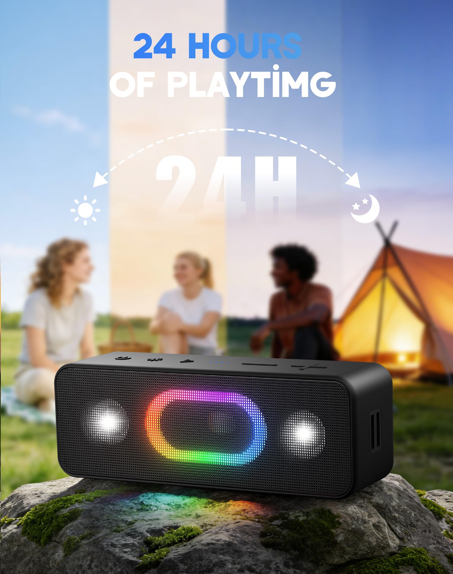 Ortizan Bluetooth Lautsprecher, Musikbox Bluetooth 5.3, Dualen Bass-Treibern, 24H Akku, 6 Lighting Effects, AUX-IN, TWS Funktion, Hands-Free Call für Outdoor 4