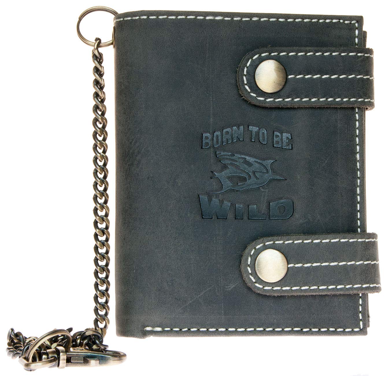 Men's Grey Genuine Leather Wallet with Metal Chain with Shark