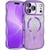 Meshine for iPhone 17 Pro Max Case,[Compatible with MagSafe][Built-in Camera Lens],Magnetic Curly Wavy Frame Shockproof Cute for Women Girls Cover for Apple iPhone 17 Pro Max 6.9 Inch,Glitter Purple