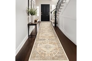 EISUROM Washable 2'6''x14' Runner Rug - Non-Slip Vintage Runner Rug for Entryway Low-Pile Medallion Long Rugs for Hallway Waterproof Traditional Runner Rugs Indoor Thin Kitchen Rug (Orange/Yellowish)