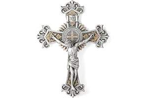 BC BUILDCLASSIC BC Catholic St Benedict Crucifix Wall Cross, Elegant Jesus Christ Home Decor, Religious Gift, Renaissance Carve Look, Silver Color Finish, 12"H Hand-painted by Buildclassic