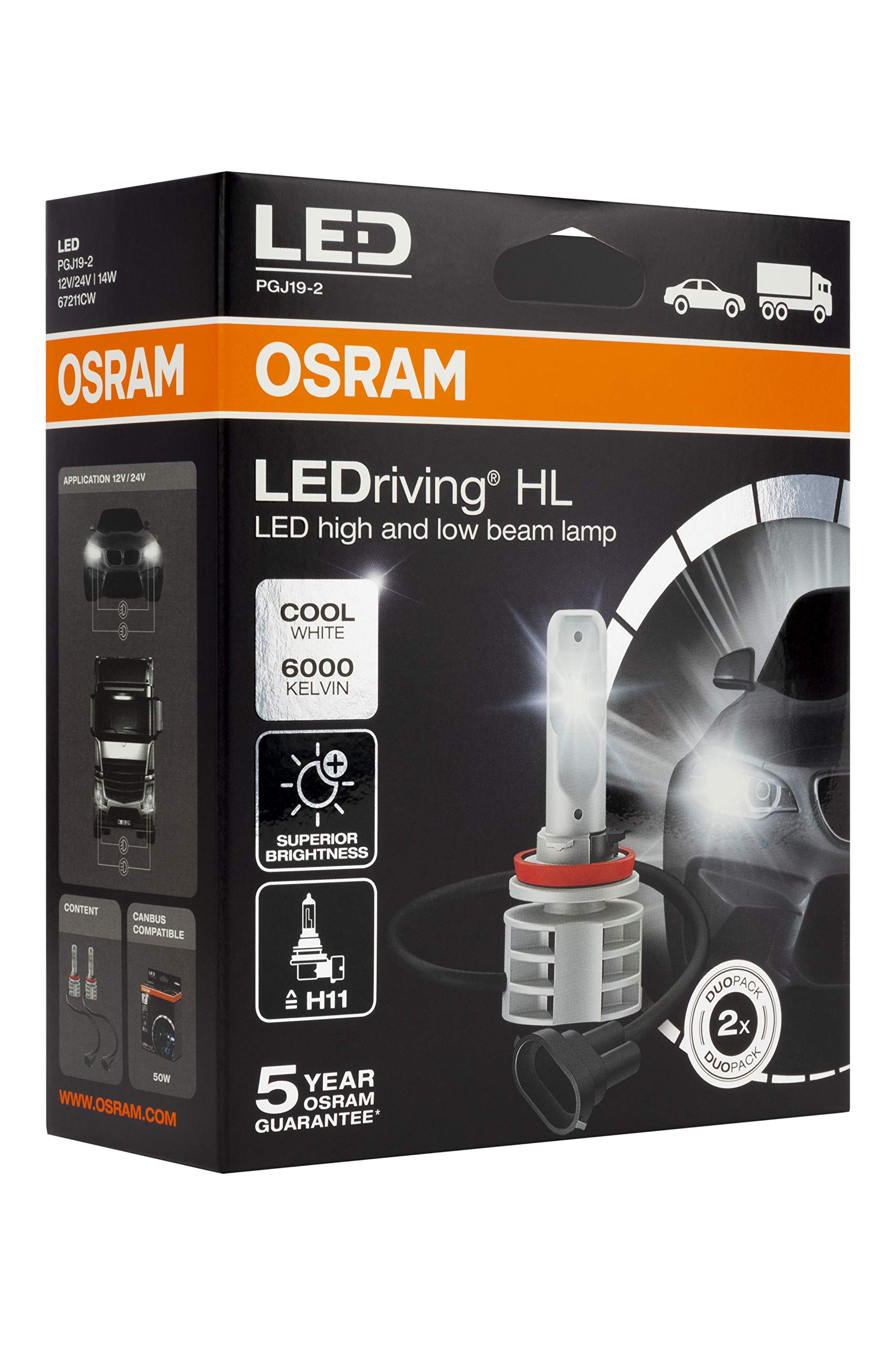 OSRAM 67211CW LEDriving® HL Gen2, ≜H11, LED High/Low Beam Lamps, Off-road only, non ECE, Folding Carton box (2 units), white