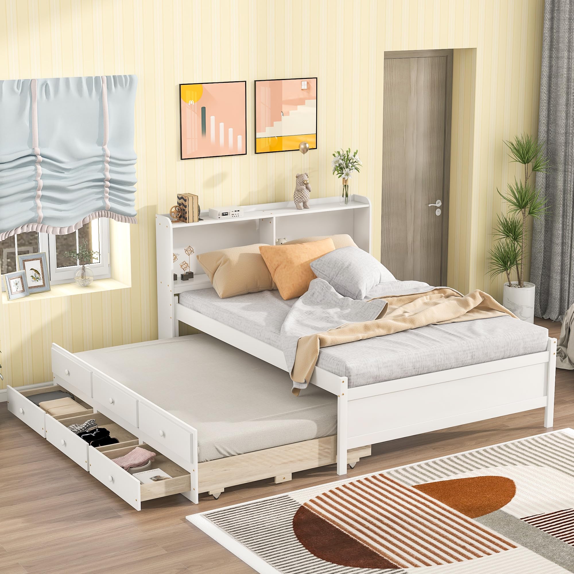 Photo 1 of PVWIIK Full Size Platform Bed with Trundle & Storage Drawers & Storage Headboard for Girls & Boys,Solid Wood Capitan Bedframe for Bedroom,No Box Spring Needed, White