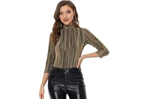 Allegra K Women's Halloween 3/4 Sleeve Glitter Party Sparkly Shiny Metallic Tops