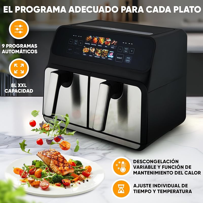 Proficook, Freidora de Aire Caliente Doble Compartimento 8L PC-FR1287H, 2 Recipientes de 4L, Acero Inoxidable, 9 Programas Automáticos, Ahorro de Energía, Apagado Automático, Freidora de Aire