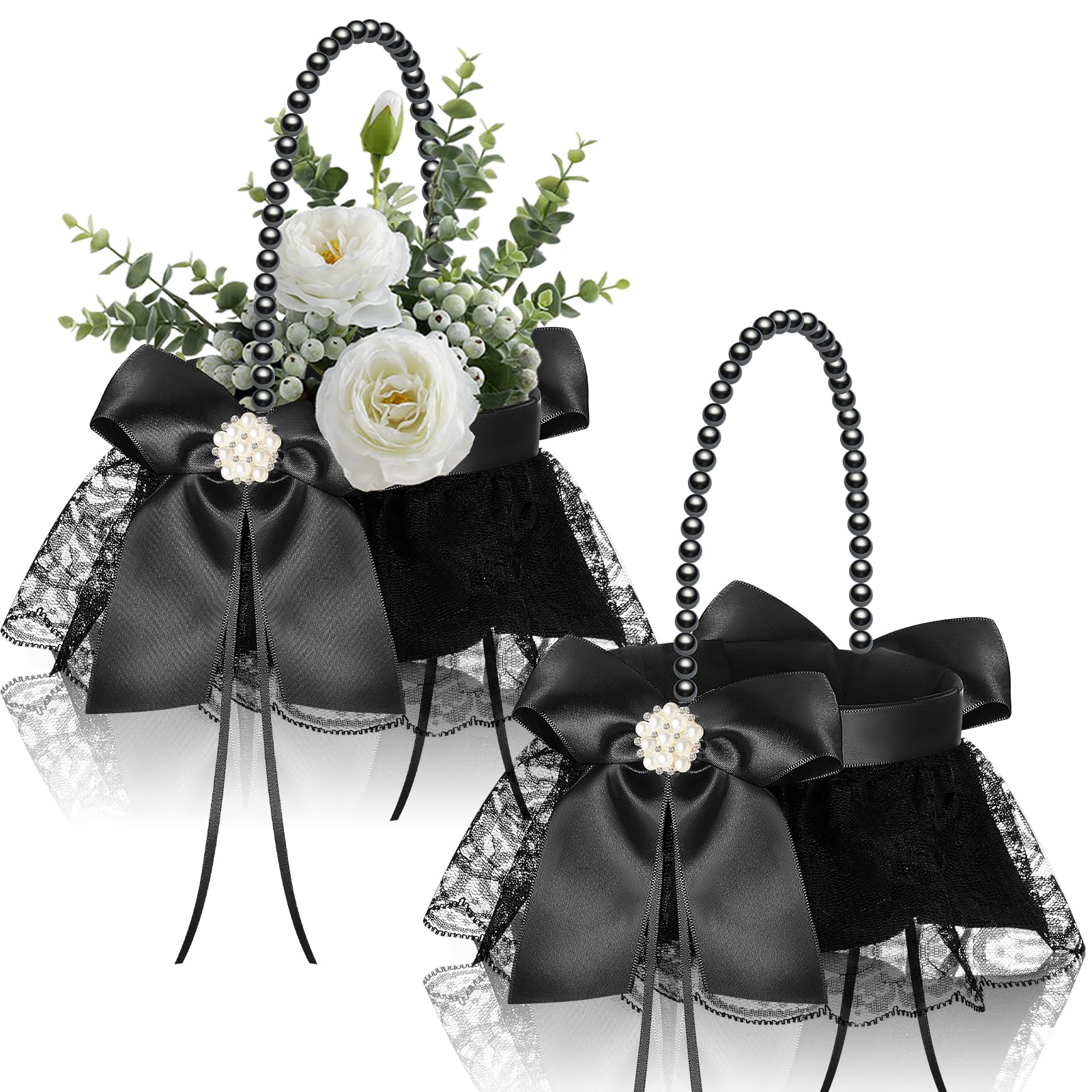 Photo 1 of Suttmin 2 Pcs Wedding Black Flower Girl Basket Gothic Flower Basket for Wedding Ceremony Satin Rhinestone with Handle for Petals Confetti Banquet Home Decoration Western Party (Lace and Pearl)