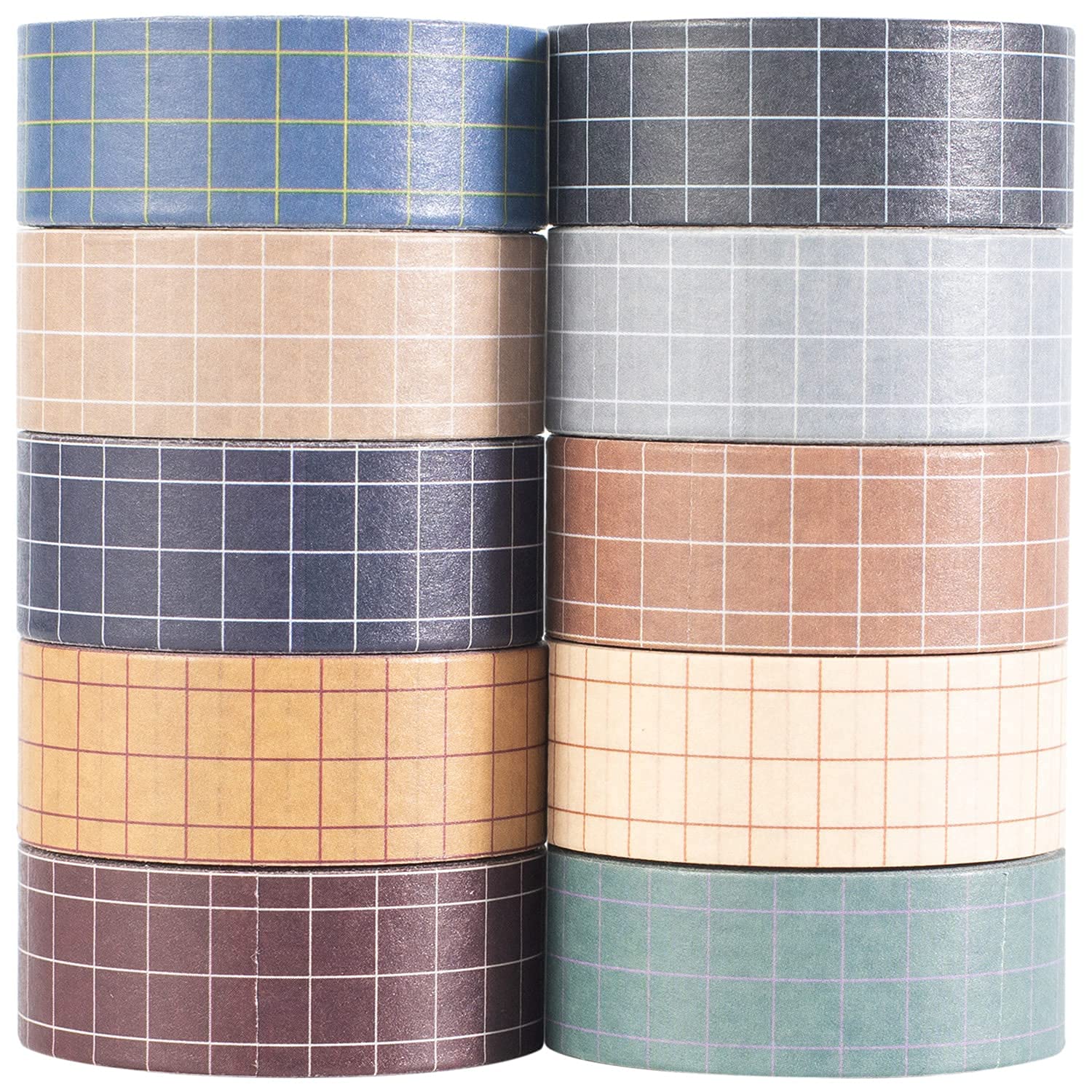 MAGLITT Grid Washi Tape Set 10 Rolls Plaid Decorative Tapes for Bullet Journals, Planners, Scrapbooking, Gift Wrapping, DIY Crafts (Fog City)