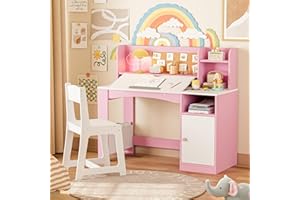 Betterhood Kids Study Desk and Chair Set, Kids Desks with Hutch and Tiltable Desktop, Wooden Children Study Table for 5-12 Years Old, Student Writing Desk for Bedroom (Pink)