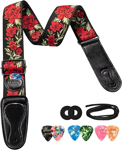 LEKATO Red Rose Embroidered Guitar Strap with 6 Picks & 2 Strap Locks