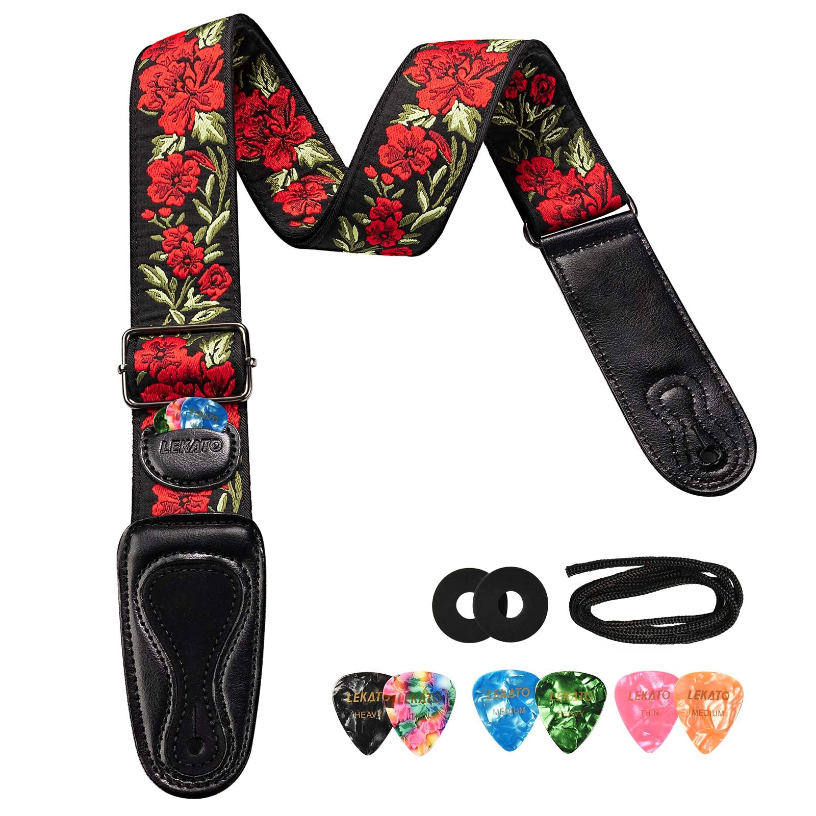 LEKATO Guitar Strap, Red Rose Embroidered Guitar Straps, Adjustable Leather Ends Guitar Belt, Vintage Floral Pattern, with 6 Guitar Picks & 2 Strap Locks for Bass, Acoustic & Electric Guitars (Red)