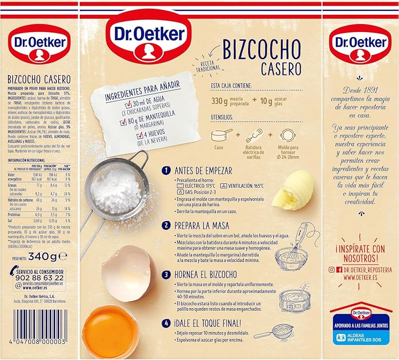 - Bizcocho Casero Pack 8 Uds x 340 g, Sabor Fresco y Natural, Incluye Sobre con Azúcar Glas, Toque a Vainilla, para Repostería y Pastelería, Preparación Fácil y Rápida