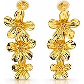 Aloha Earrings Non Pierced Gold Tone Mosquito Coil Clip On Triple Flowers Dangling Earrings