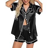 Anjue Silk Satin Pajamas Set Women's Short Sleeve Sleepwear Soft Pjs Shorts Set Two Piece Button Down Pj Set S-XXL
