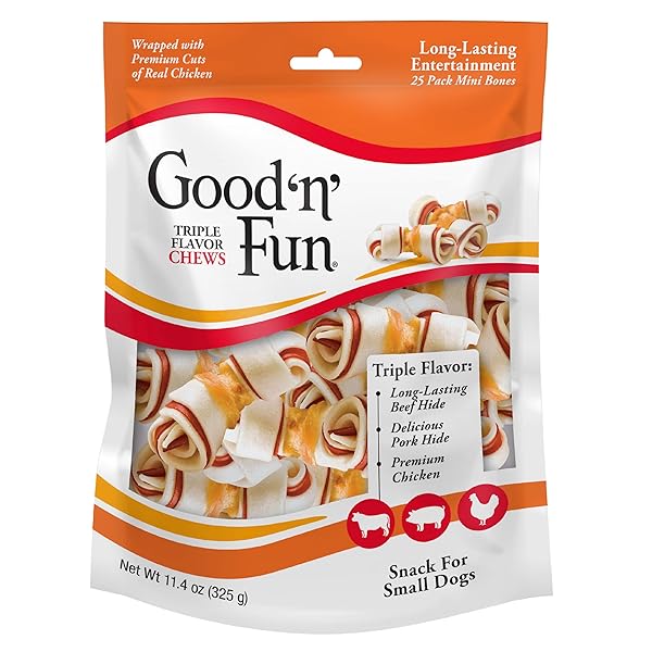 GOOD’N’FUN TRIPLE FLAVOR MINI RAWHIDE CHEWS, 25-COUNT
