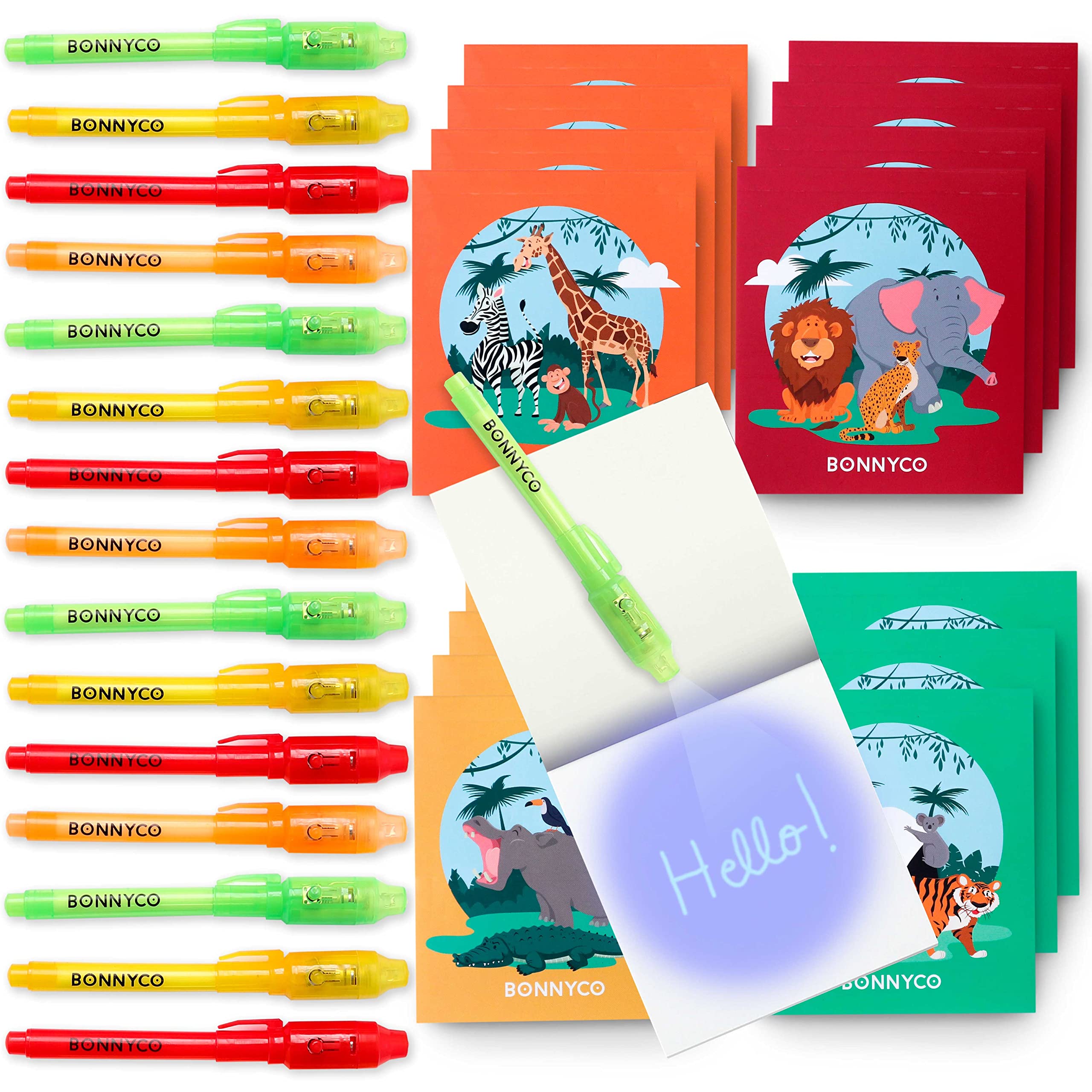 BONNYCO Invisible Ink Pen and Notebook, Pack 16 Jungle Animals Party Bags Filler and Pinata Toys. Jungle Birthday Decorations, Stocking Fillers for Kids Birthday. School Prizes, Gifts for Children — image 1