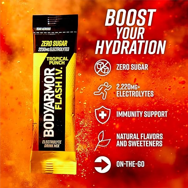 BODYARMOR FLASH IV ELECTROLYTE PACKETS, TROPICAL PUNCH – ZERO SUGAR DRINK MIX, SINGLE SERVE PACKS, COCONUT WATER POWDER, HYDRATION FOR WORKOUT, TRAVEL ESSENTIALS, JUST ADD STICKS TO LIQUID (15 COUNT)