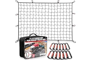 TIRETEK Cargo Net for Pickup Truck Bed (4'x6' Stretches to 8'x12') Double Thick Heavy Duty Pickup Truck Bed Organizer Accessories - 12 Metal Carabiners, Bungee Mesh Accessory with Strap Hooks