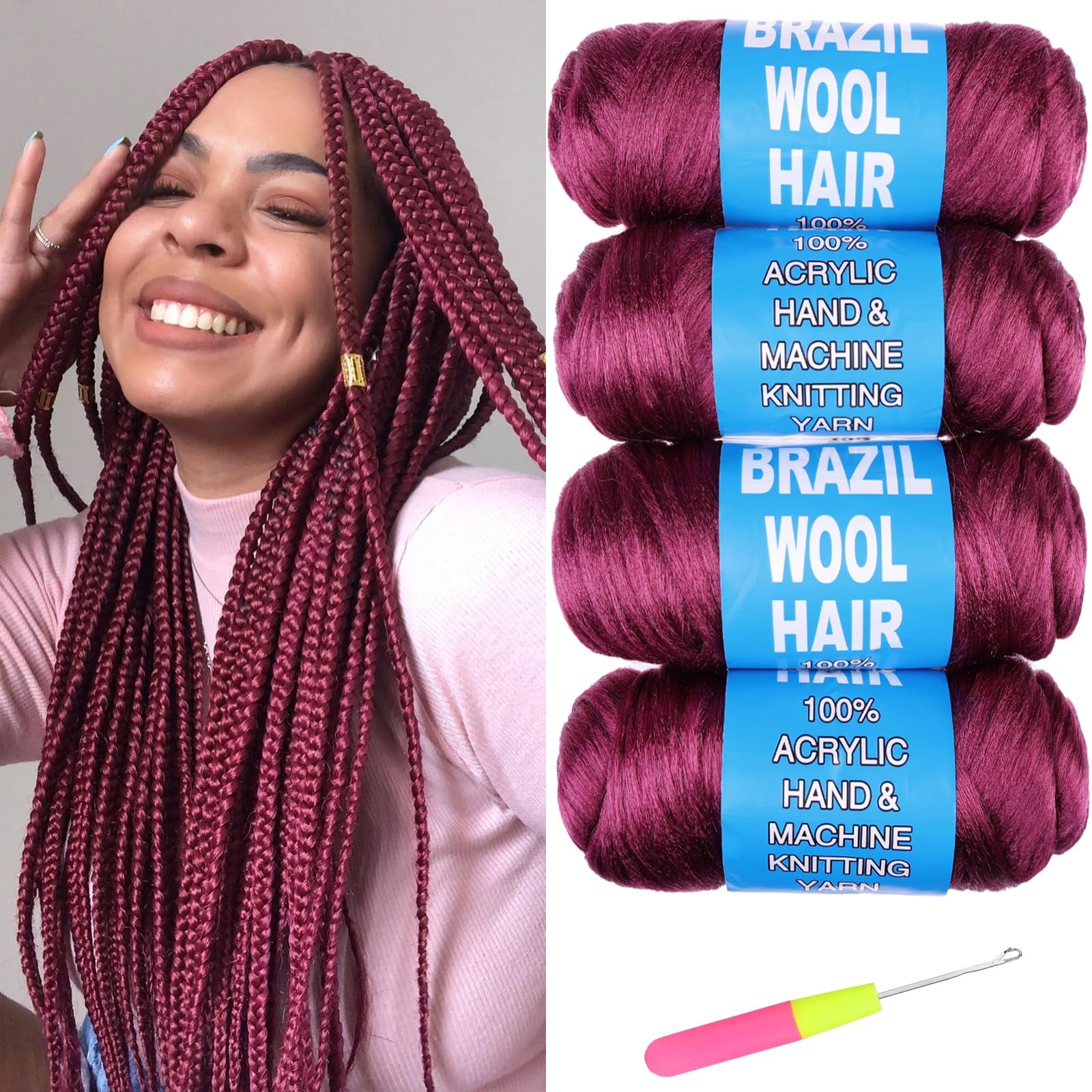Ainimiu 4 Roll Brazilian Wool Hair for Braiding Faux Locs Crochet for Women Synthetic Braiding Hair Extensions