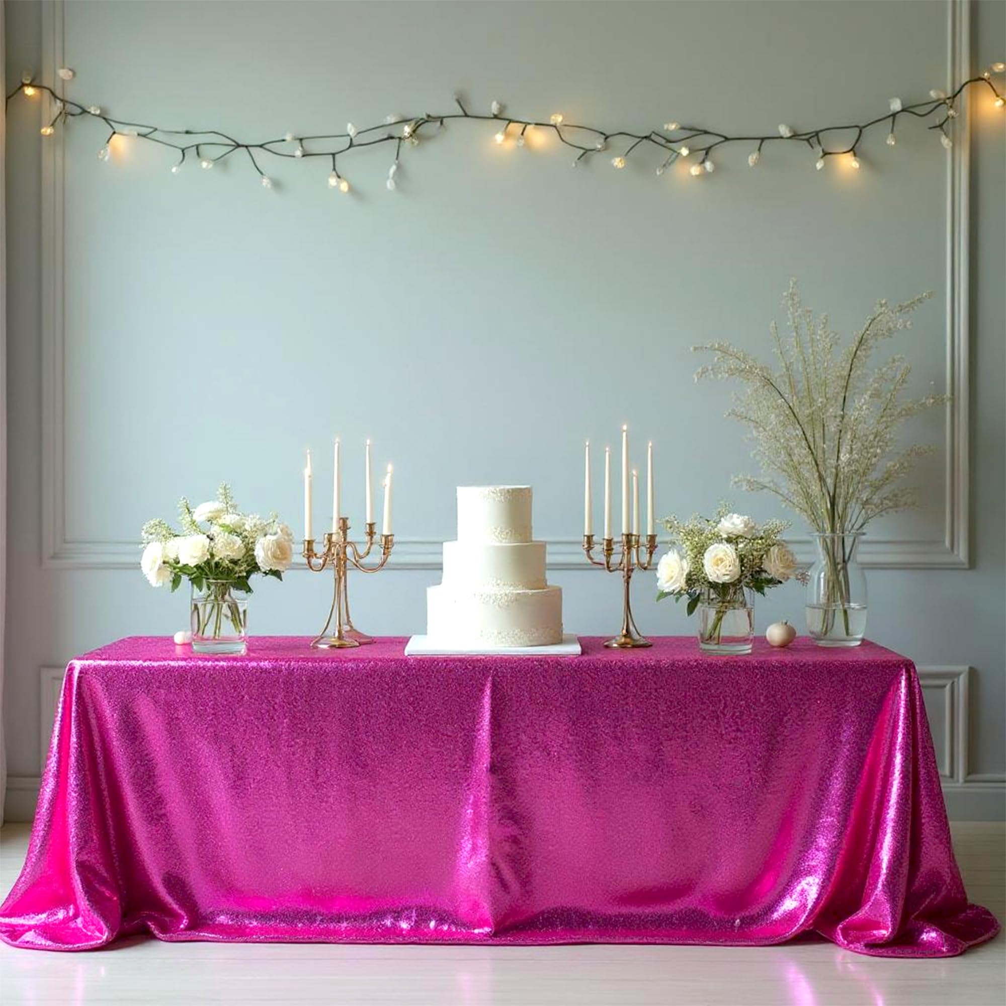 Trimming Shop 1pc Fuchsia Sequin Tablecloth 70" x 108" Rectangle Shiny Sequin Sparkly Tablecover for Parties Wedding Reception Banquets Birthday Baby Shower Festival Ceremony Cake Dessert Tablecloth